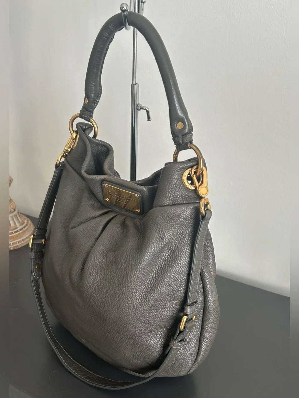 Marc Jacobs Olive Gray Pebbled Leather Hobo Bag Convertible Crossbody